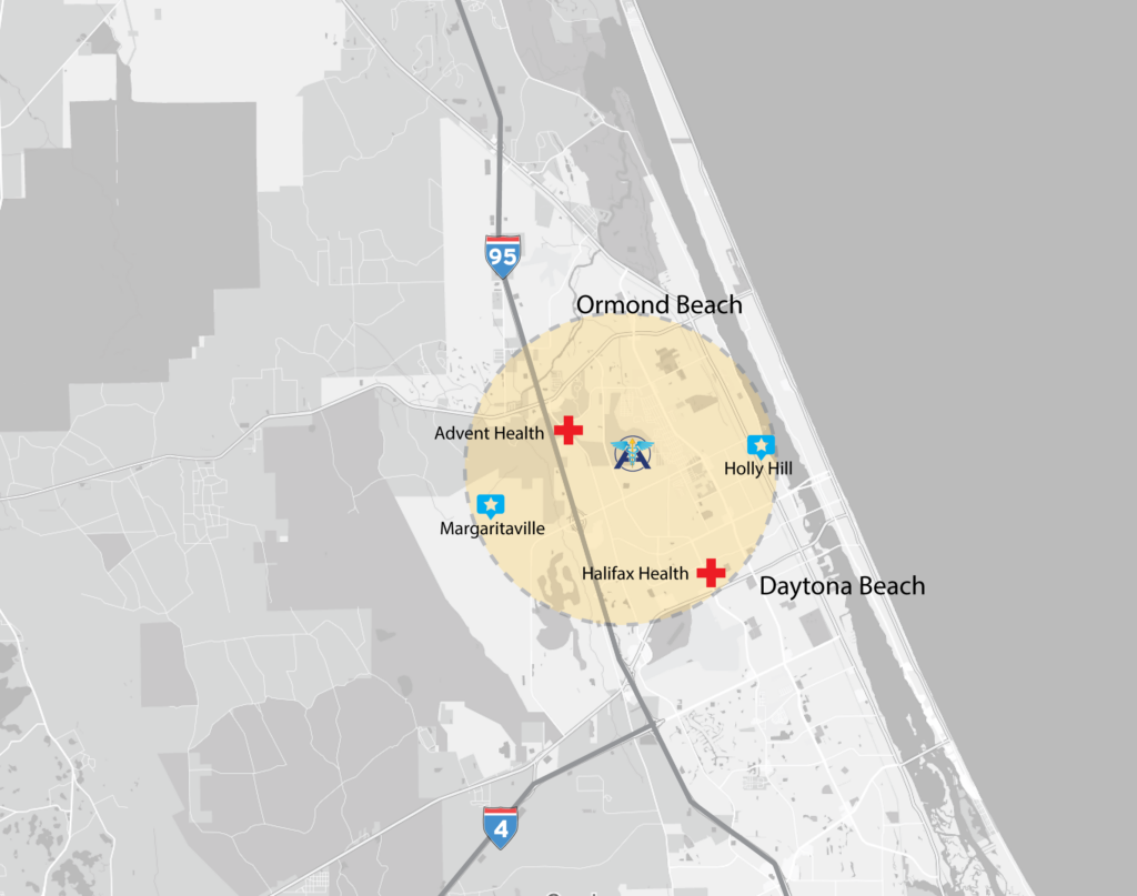 Map of Daytona Beach and surrounding area showing Arrow Clinical Trials near major highways, Halifax Health, AdventHealth, and Margaritaville